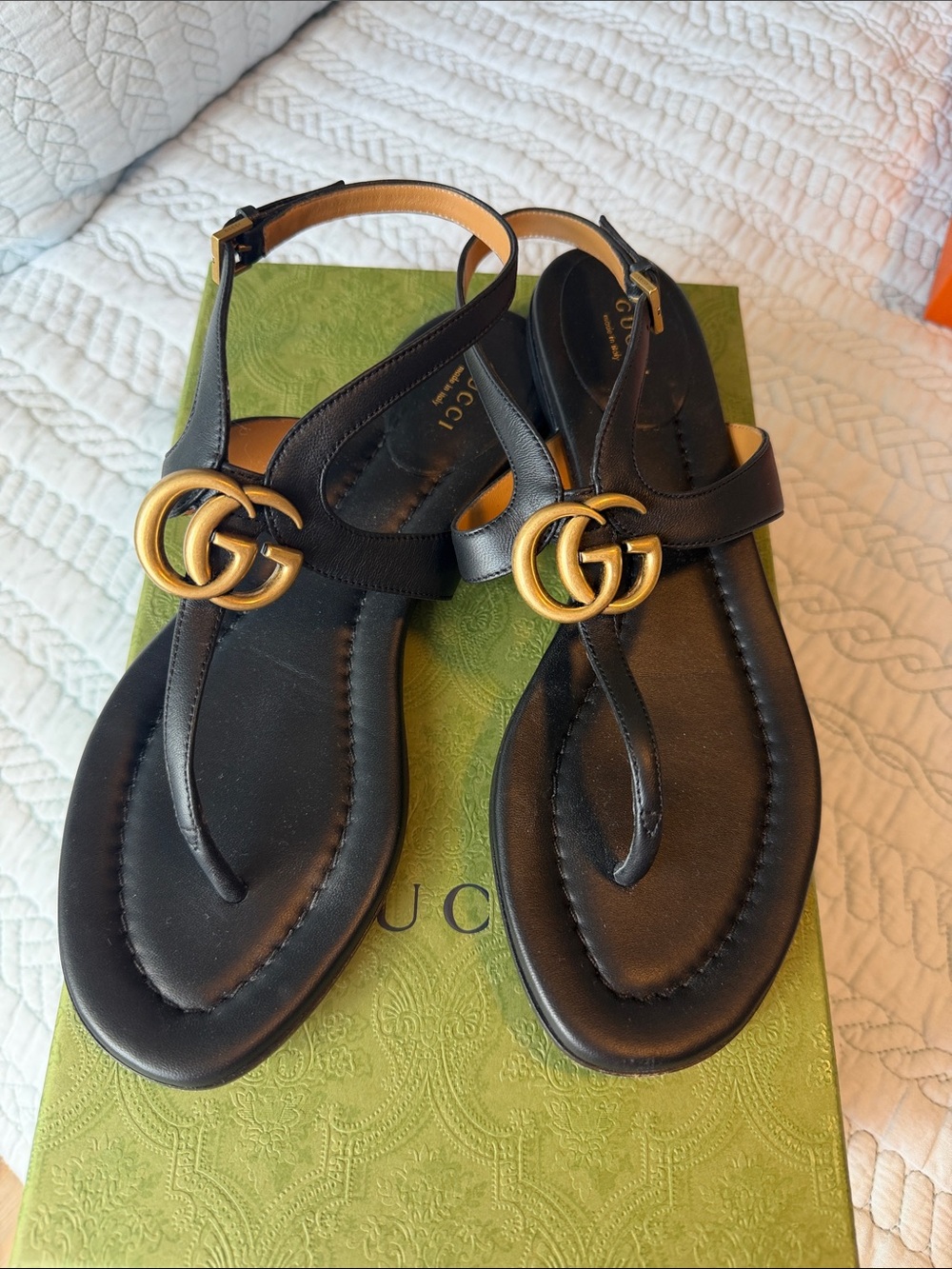 Gucci Black Leather Sandal with Gold Double G Hardware